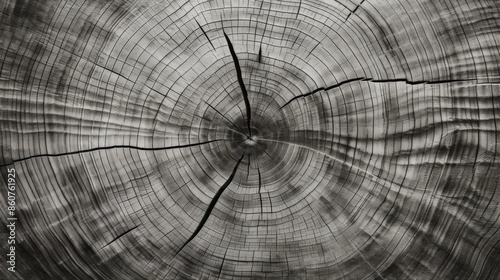 This image displays a detailed cross-section of a tree trunk exhibiting the growth rings and cracks that form a visual representation of the tree's natural aging process.