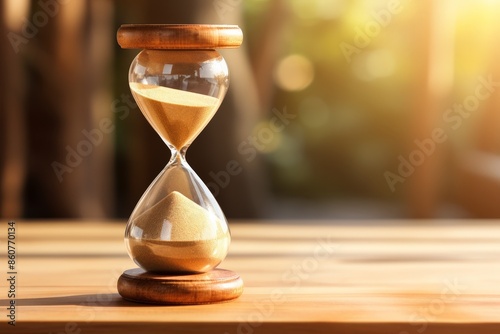 Elegant hourglass with sand flowing through it, symbolizing the passage of time, set against a warm, blurred background.