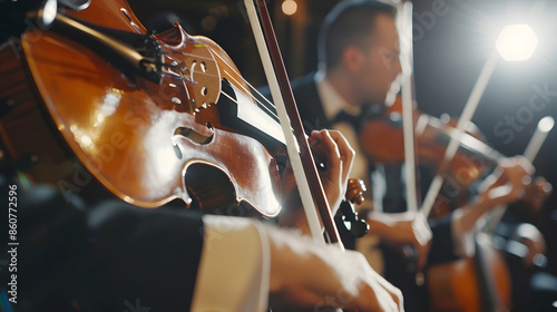 Elegant string quartet performing at wedding reception in restaurant handsome man in suits playing violin and cello at theatre play orchestra closeup music concept : Generative AI