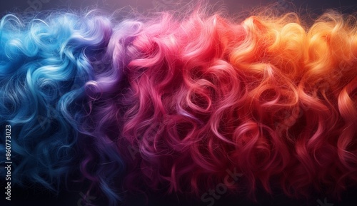 The vibrant curly hair showcases blue, pink, and orange shades, creating a daring look