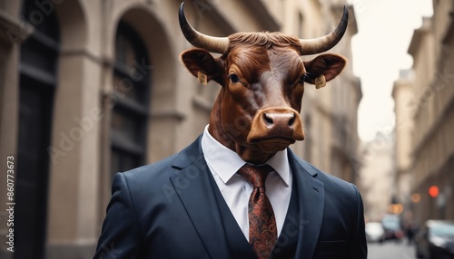 A bovine businessman strolls through the city