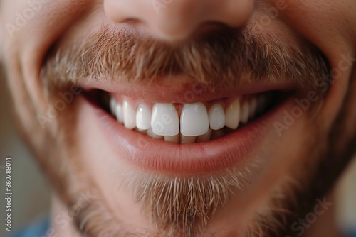 Happy handsome man with beautiful white smile on dental appointment. Dental concept. Young smiling female patient after whitening procedure.