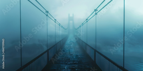 A foggy bridge leading into the unknown, with no end in sight and an air of mystery