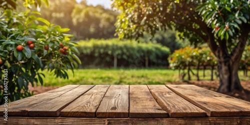 Empty wooden table in a coffee tree farm with a sunny, blur garden background with a country outdoor theme. Template mockup for the display of the product