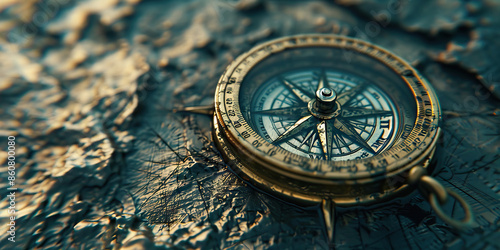 Close-up of an antique compass pointing in an unexpected direction, leading to an unknown destination