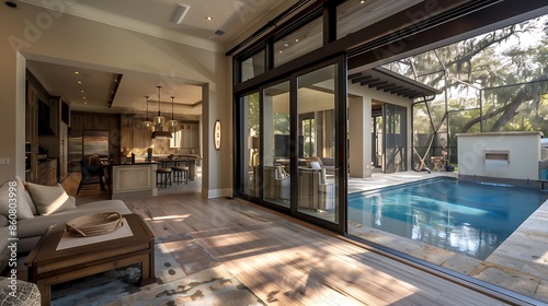 family room with large, pocket doors that disappear to connect the space with a poolside lounge area, ideal for family gatherings and relaxation