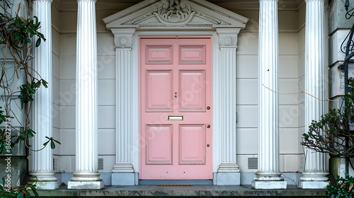 elegant entry with a soft pink door, surrounded by white pilasters and a pediment with a classic dentil molding