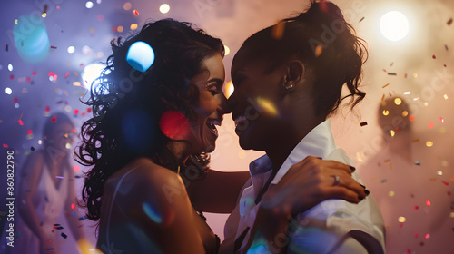 Happy lesbian couple enjoying while dancing amidst family and friends during wedding celebration : Generative AI