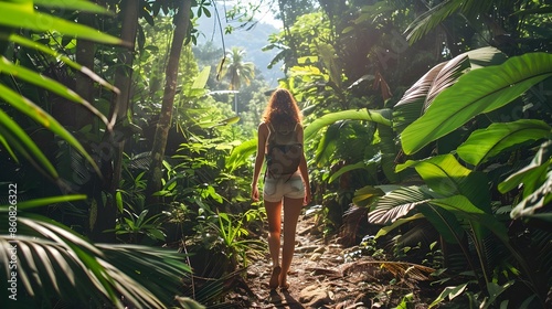 Captivating view of a winding pathway through a lush vibrant jungle filled with diverse tropical vegetation and foliage This image represents the beauty and tranquility of sustainable eco tourism