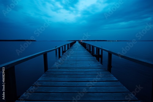 A tranquil image of a wooden pier stretching out into calm, deep blue waters under a cloudy twilight sky, evoking a sense of peace and solitude.