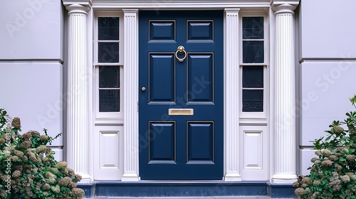 classic Georgian entryway with a navy blue door, detailed with a brass knocker and framed by elegant pilasters and a pediment