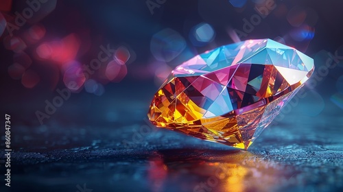 A stunning three-dimensional gemstone, with intricate facets and brilliant colors, set against a dark background, perfect for luxury jewelry and high-end fashion designs. Illustration, Minimalism,