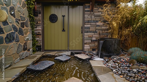 door painted in matte olive green, surrounded by natural stone tiles and a water feature with a gentle, babbling brook