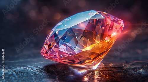 A lustrous gemstone, shining with brilliant colors and facets, set against a dark background, perfect for luxury jewelry advertisements and high-end fashion designs. Illustration, Minimalism,