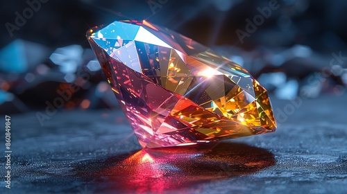 A stunning three-dimensional gemstone, with intricate facets and brilliant colors, set against a dark background, perfect for luxury jewelry and high-end fashion designs. Illustration, Minimalism,