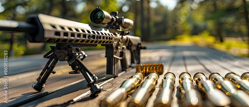 Modern sniper rifle on bipod with bullets, outdoor range, blurred targets, daylight, natural shadows.