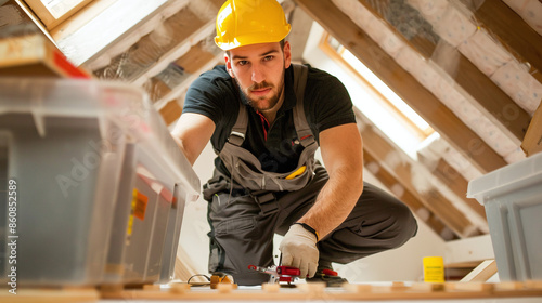 A pest control expert setting up a humane trap in an attic space to catch rodents