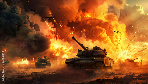 A dramatic scene of tanks amidst explosions and fire, highlighting the intensity of warfare.