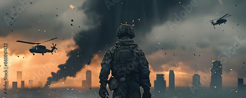 A lone soldier stands amidst a burning city, helicopters fly overhead.