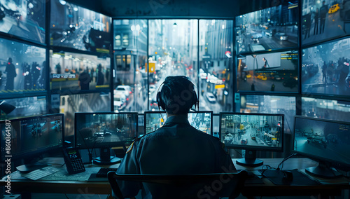 A security guard monitors multiple screens displaying live footage of a busy city street.