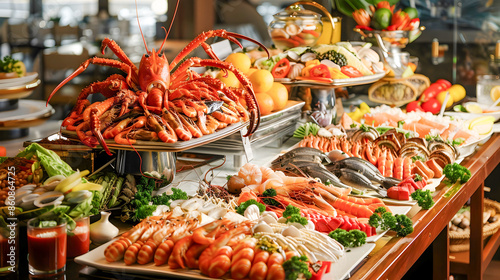 Magnificent Seafood Buffet Display Featuring a Bountiful Assortment of Freshly Prepared Lobster Shrimp Crab