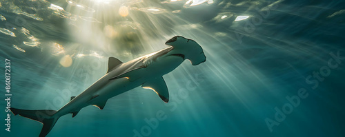 A hammerhead shark swims through sunlit ocean water.
