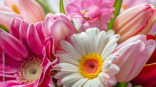 Composition with beautiful blooming Tulips and Barberton Daisy Gerbera jamesonii flowers on white background pink colors macro : Generative AI