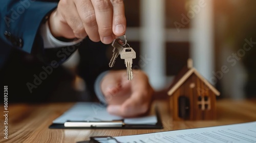 A realtor handing house keys to happy homeowner with mortgage agreement at desk, Real estate closing moment