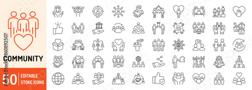 Community editable stroke outline web icons set. Community, social, friendship, people, village, relationships, diversity, support and development. Vector illustration