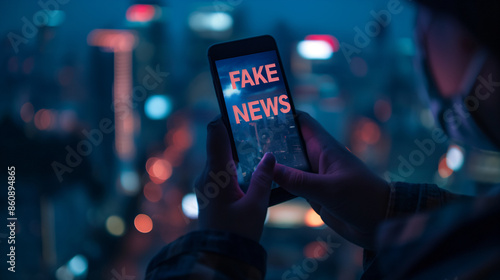 Spotting the Lies: Hands Holding Phone with 'FAKE NEWS' on Screen