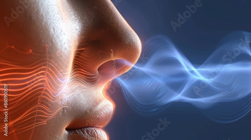 Smell Detection: A detailed depiction of a nose with abstract waves, representing the process of olfaction and the sensitivity of the human sense of smell. 