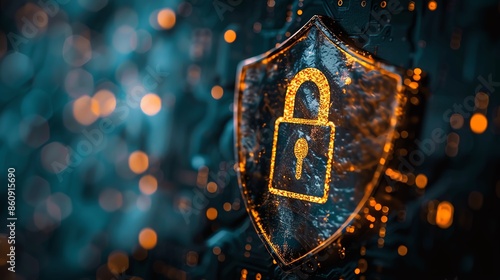 Close-up of a digital lock on a shield symbolizing cybersecurity and data protection in a technological environment.