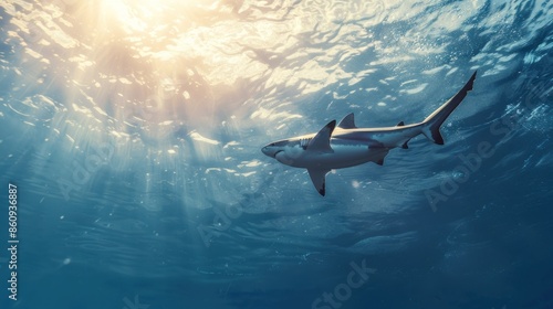 A shark is swimming in the ocean with the sun shining on it. Generate AI image