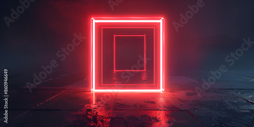  a bright neon red cube, floating in a dark room, The cube is illuminated from within, casting a glow on the flo