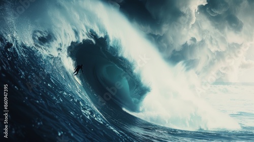 A lone surfer skillfully rides a massive wave under dark, stormy skies, capturing the power and intensity of nature and the thrill of extreme sports