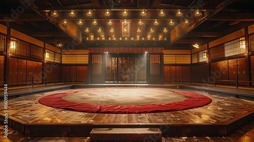 Traditional Japanese Sumo Wrestling Arena with Intricate Lighting