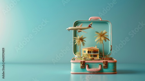 Dream Vacation Miniature: Realistic Close-Up of Travel Setup with Hotel, Airplane, and Palm Trees in Open Suitcase