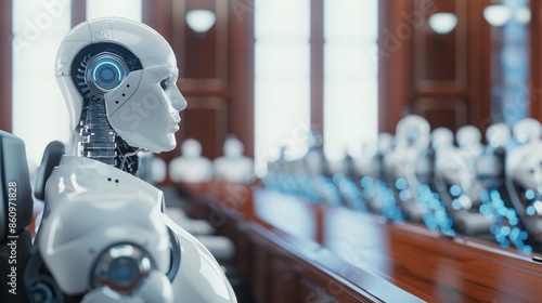 A high-tech courtroom features a cybernetic judge, equipped with AI capabilities, presiding over a bankruptcy case. The setting showcases the future of legal proceedings, where technology and justice