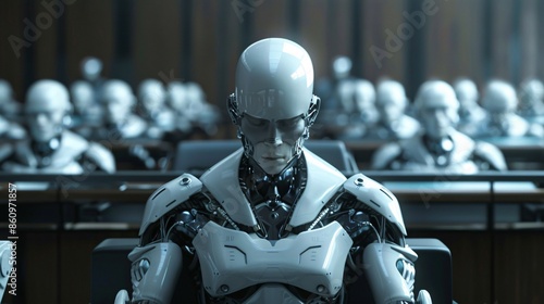 A high-tech courtroom features a cybernetic judge, equipped with AI capabilities, presiding over a bankruptcy case. The setting showcases the future of legal proceedings, where technology and justice