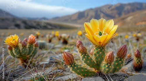 Lophophora cactus in bloom, with its delicate flowers standing out against the rugged desert terrain, a rare beauty. Illustration, Minimalism,