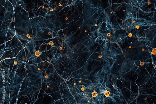 An abstract depiction of neural network and brain synapses in shades of blue and orange, suitable as a scientific wallpaper