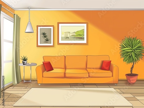 Bright, animated cartoon interior of a cozy living room featuring an orange sofa and decorative house plants