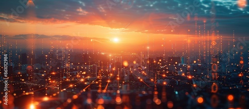 A stunning futuristic cityscape at sunset with a digital data overlay and glowing lights, representing technology and innovation.