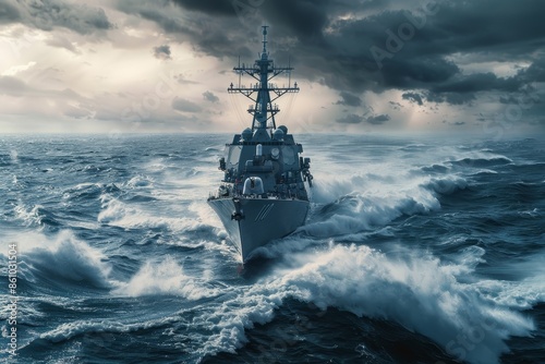 Modern navy destroyer patrolling stormy seas for defense and security in naval operations