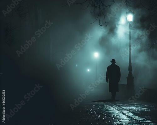 Shadowy Figure Walks Down Foggy Dimly Lit Street Evoking Sense of Suspense and Intrigue in Dark Atmospheric Background