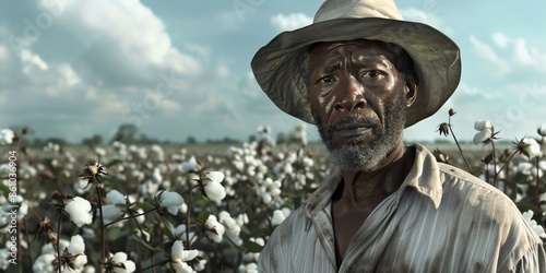 Sharecroppers in cotton field, harsh sunlight, weathered faces, simple clothing, vast plantation