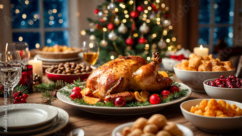 Christmas meal served on the table, Baked turkey with salads cakes and bread on the side with christmas decoration background