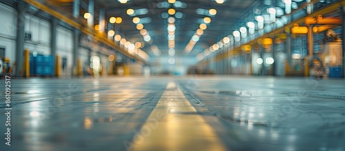 Slightly blurred and defocused background for your design. Piece of empty typical industrial space. Concept of manufacture, warehouse, storage, factory space. Copy space. Wide panoramic image.