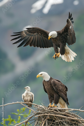 Bald eagle family with one parent landing on nest