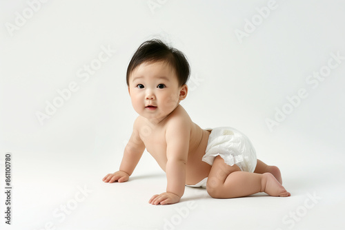 cute one year old Asian baby in a white diaper on a white background.